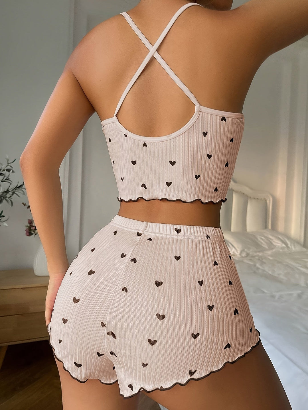 Claire | Heart Print Ruffle Trim Pajama Set